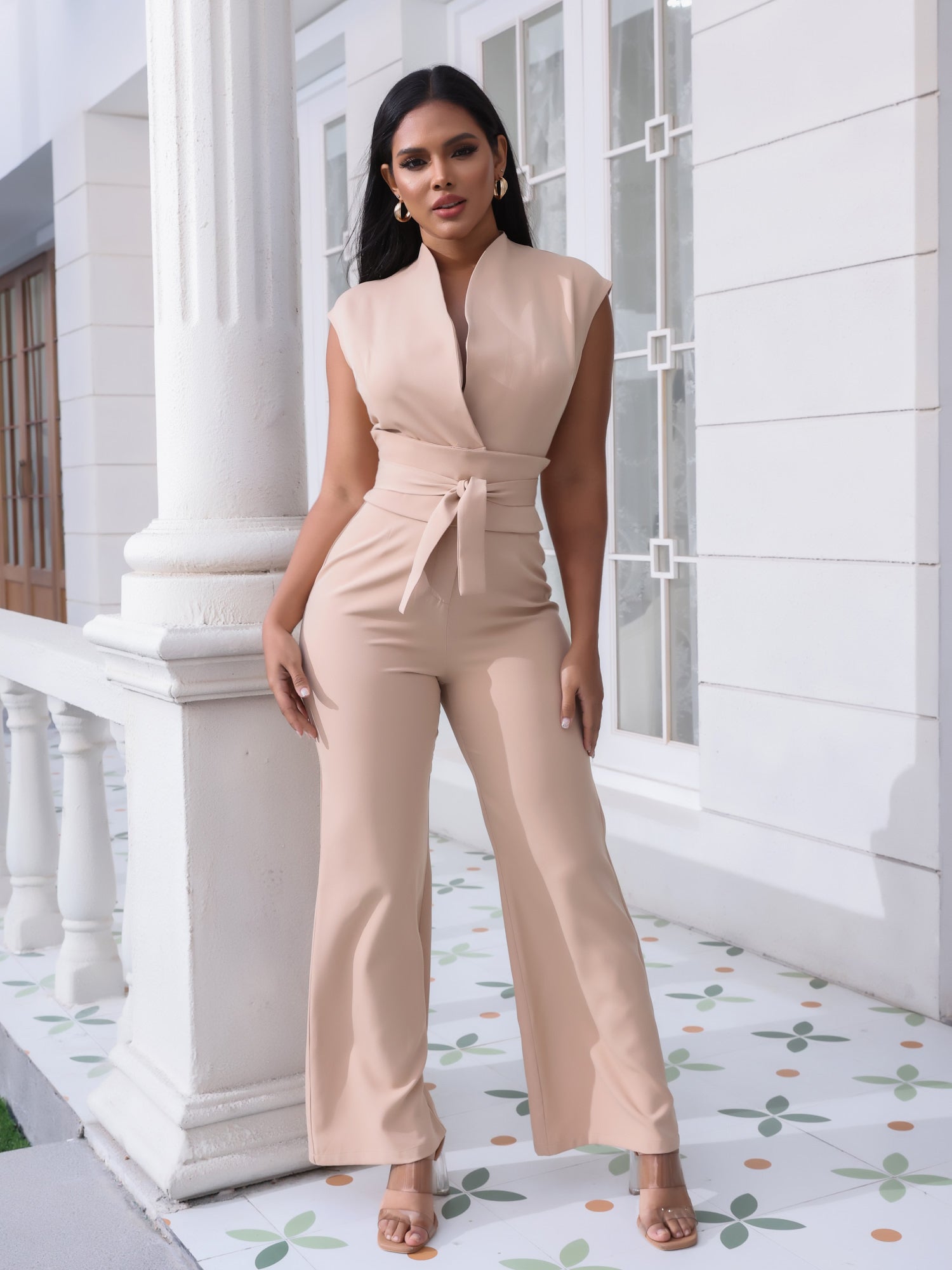 Lace up slim waist jumpsuit