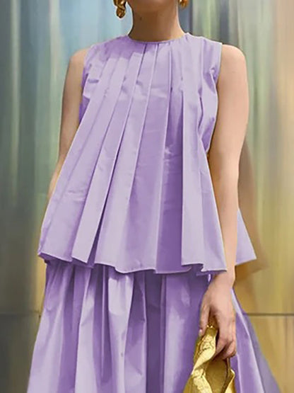 A-Line Loose Pleated Solid Color Round-Neck Vest Top