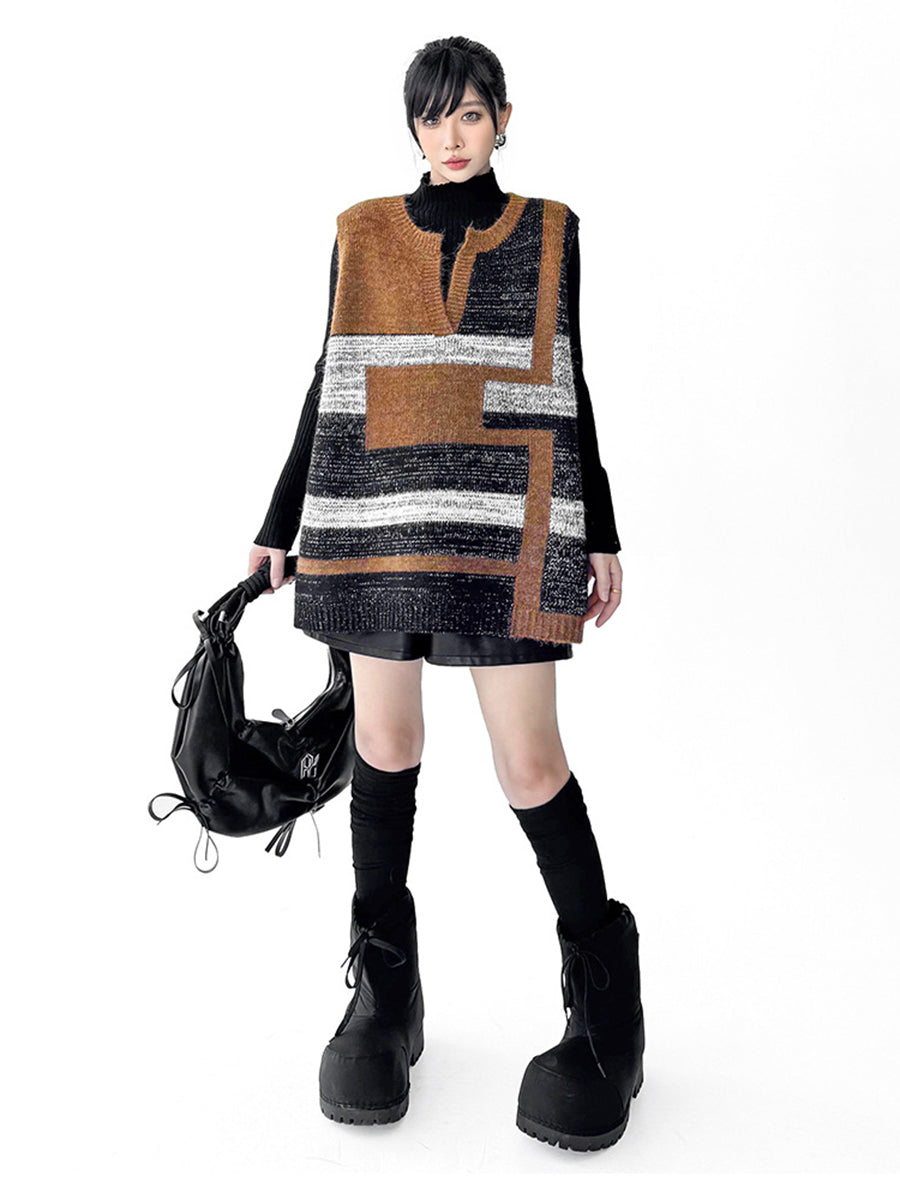 Loose Sleeveless Contrast Color Geometric Split-Joint Striped V-Neck Outerwear Vest Top