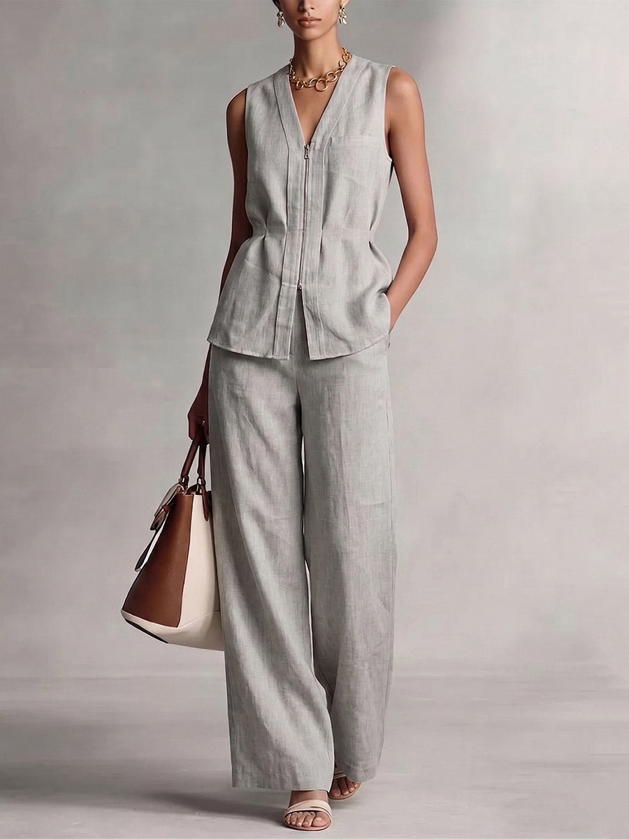 Sleeveless Pleated Solid Color Zipper V-Neck Blouses&Shirts Tops