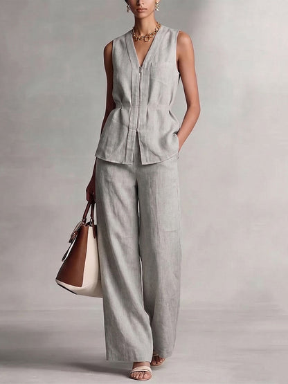 Sleeveless Pleated Solid Color Zipper V-Neck Blouses&Shirts Tops