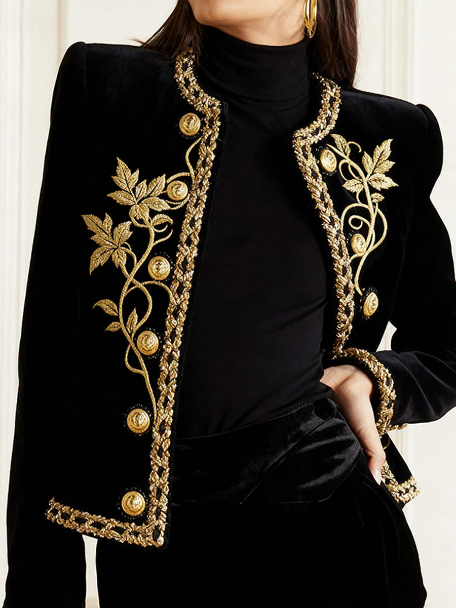 Long Sleeves Buttoned Embroidered Round-Neck Jackets Outerwear