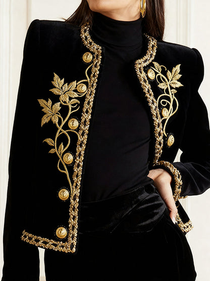 Long Sleeves Buttoned Embroidered Round-Neck Jackets Outerwear