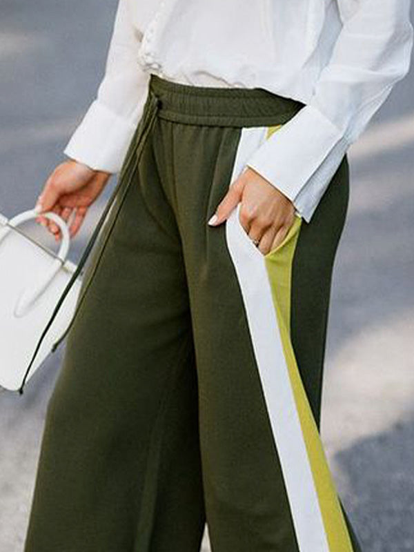 Loose Wide Leg Contrast Color Drawstring Elasticity Split-Joint Pants Trousers