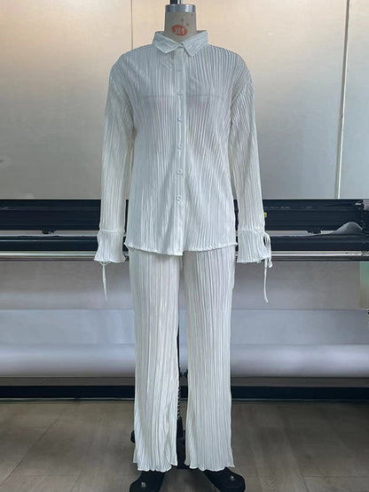 Flared Sleeves Long Sleeves Buttoned Drawstring Pleated Solid Color Split-Side Lapel Shirts Top + Pants Bottom Pajama Sets