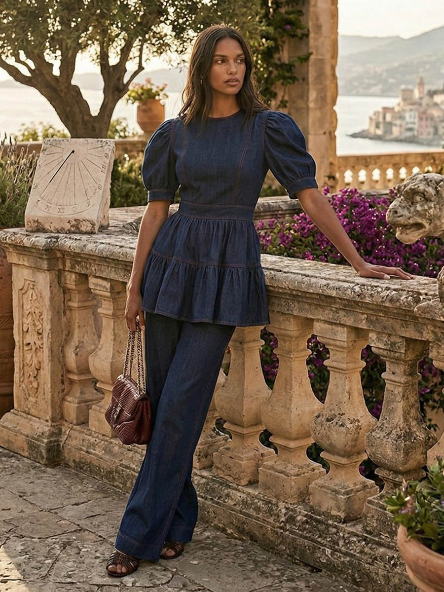 A-Line Loose Pleated Ruffled Solid Color Split-Joint Round-Neck Blouses&Shirts Tops