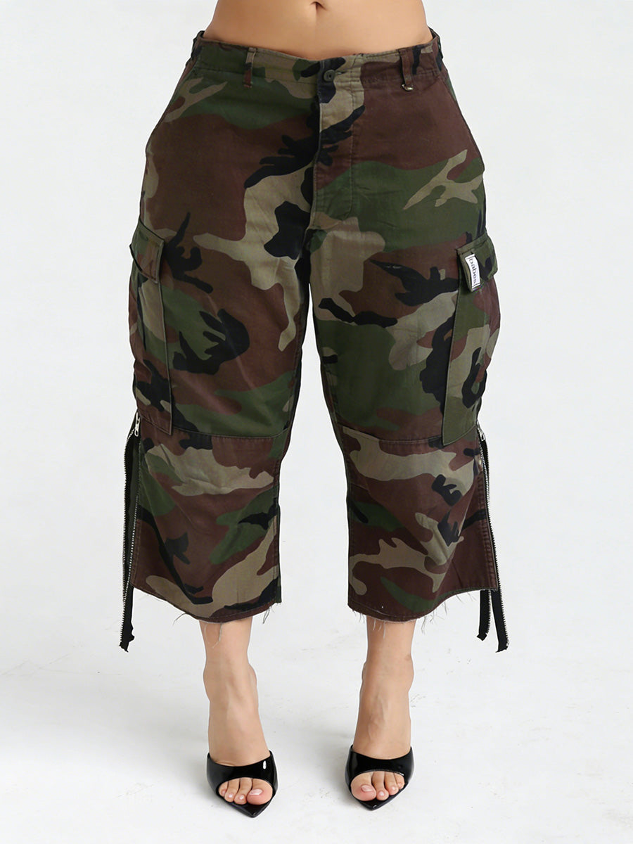 High Waisted Wide Leg Buttoned Contrast Color No Belt Pockets Tasseled Zipper Cropped Trousers Pants