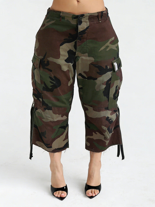 High Waisted Wide Leg Buttoned Contrast Color No Belt Pockets Tasseled Zipper Cropped Trousers Pants