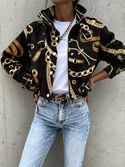 Zipper Split-Joint Printed Pockets Drawstring Buttoned Loose Long Sleeves Stand Collar Outerwear Jackets