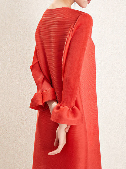 A-Line Loose Pleated Solid Color Round-Neck Maxi Dresses