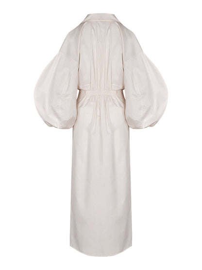 Long Sleeves Loose No Belt Solid Color V-Neck Maxi Dresses