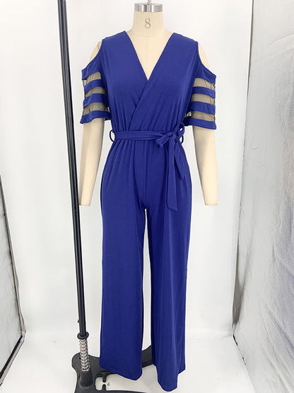 High Waisted Loose Hollow Mesh Solid Color Tied Waist V-Neck Jumpsuits