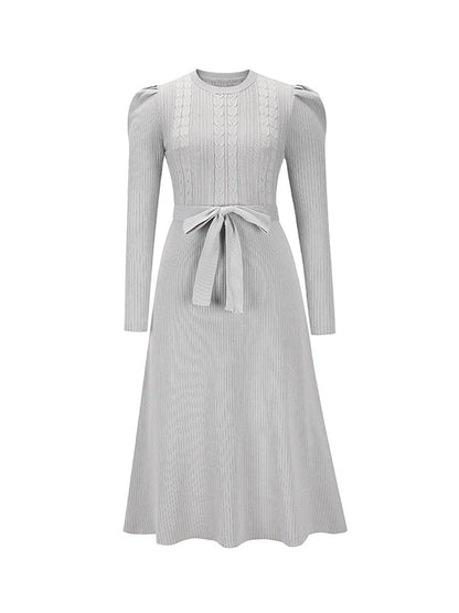 High Waisted Long Sleeves Solid Color Tied Waist Round-Neck Midi Dresses Sweater Dresses