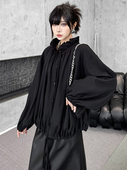 Long Sleeves Loose Drawstring Pleated Pullover Design Solid Color Lace Collar Blouses&Shirts Tops