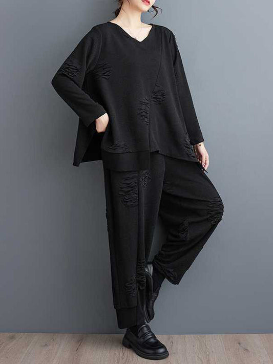 Long Sleeves Asymmetric Solid Color Split-Joint V-Neck T-Shirts Top + Harem Pants Elasticity Pants Bottom Two Pieces Set