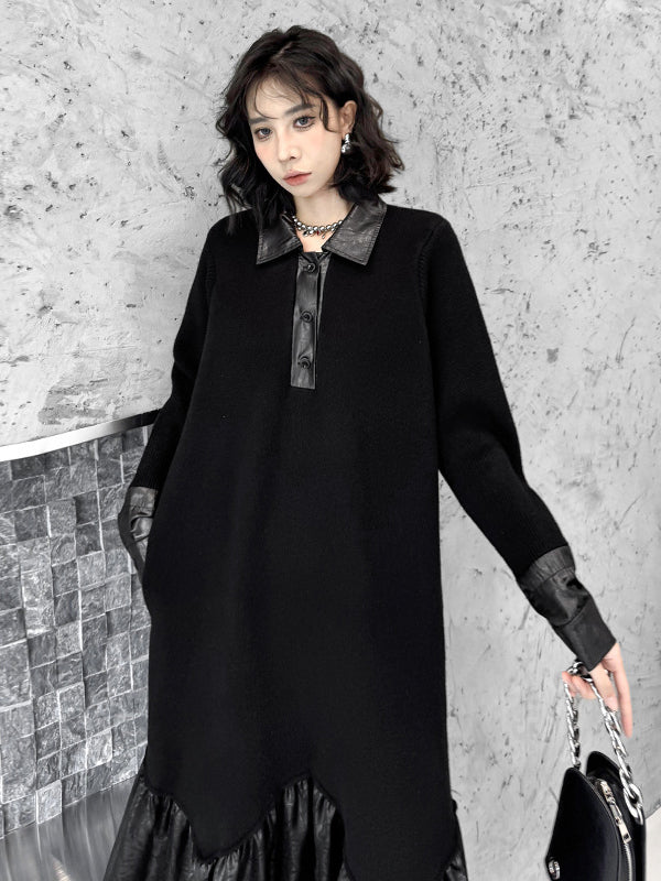 A-Line Long Sleeves Buttoned Split-Joint Polo Midi Dresses Sweater Dresses