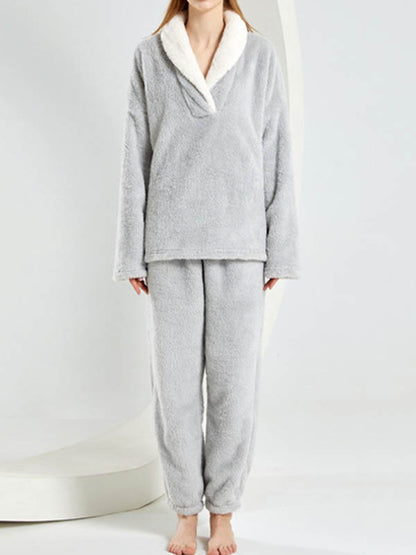 Coral Fleece Split-Joint V-Neck + Pants Pajama Two Pieces Set