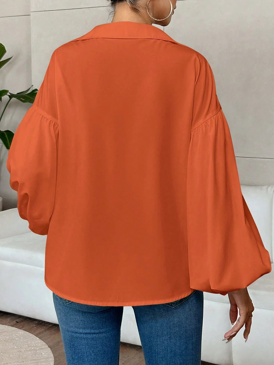 Long Sleeves Loose Pleated Solid Color Split-Joint Lapel Blouses&Shirts Tops
