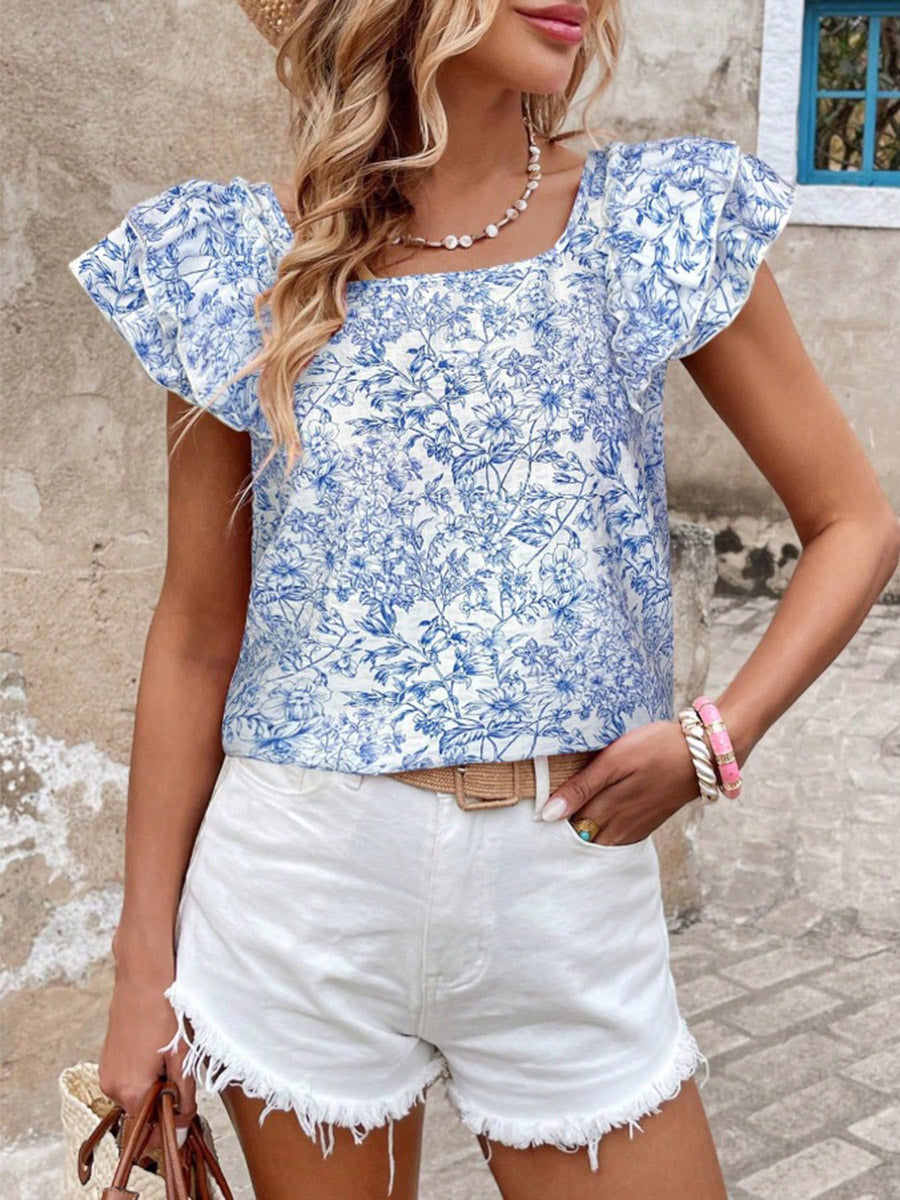 Ruffle Sleeves Short Sleeves Backless Bow-Embellished Flower Print Pleated Square-Neck Blouses&Shirts Tops