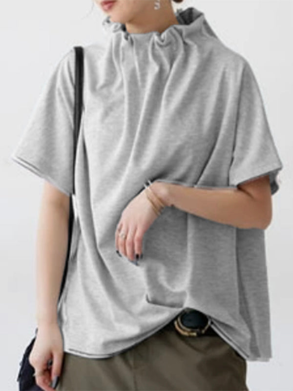 Loose Short Sleeves Solid Color Stand Collar T-Shirts Tops