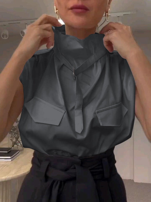 Chemisiers et chemises amples sans manches à col montant et boucle de couleur unie 