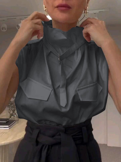 Chemisiers et chemises amples sans manches à col montant et boucle de couleur unie 