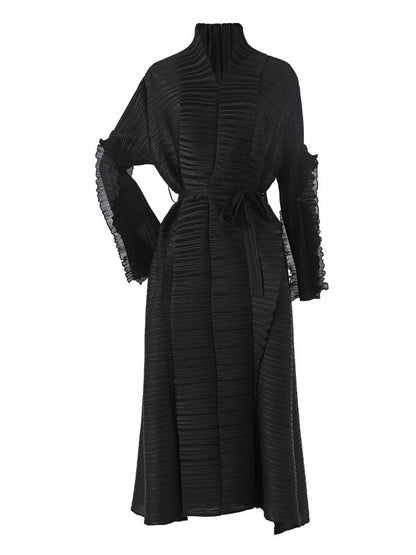 Casual Long Sleeves Loose Tied Pleated Stand Collar Midi Dresses