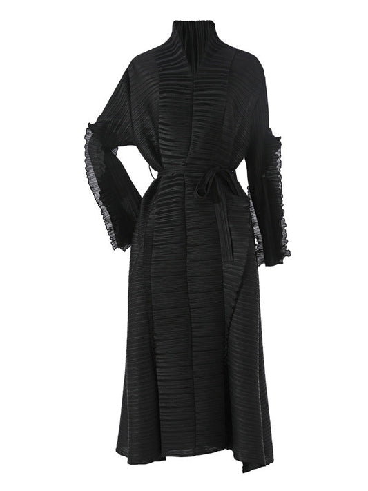 Casual Long Sleeves Loose Tied Pleated Stand Collar Midi Dresses