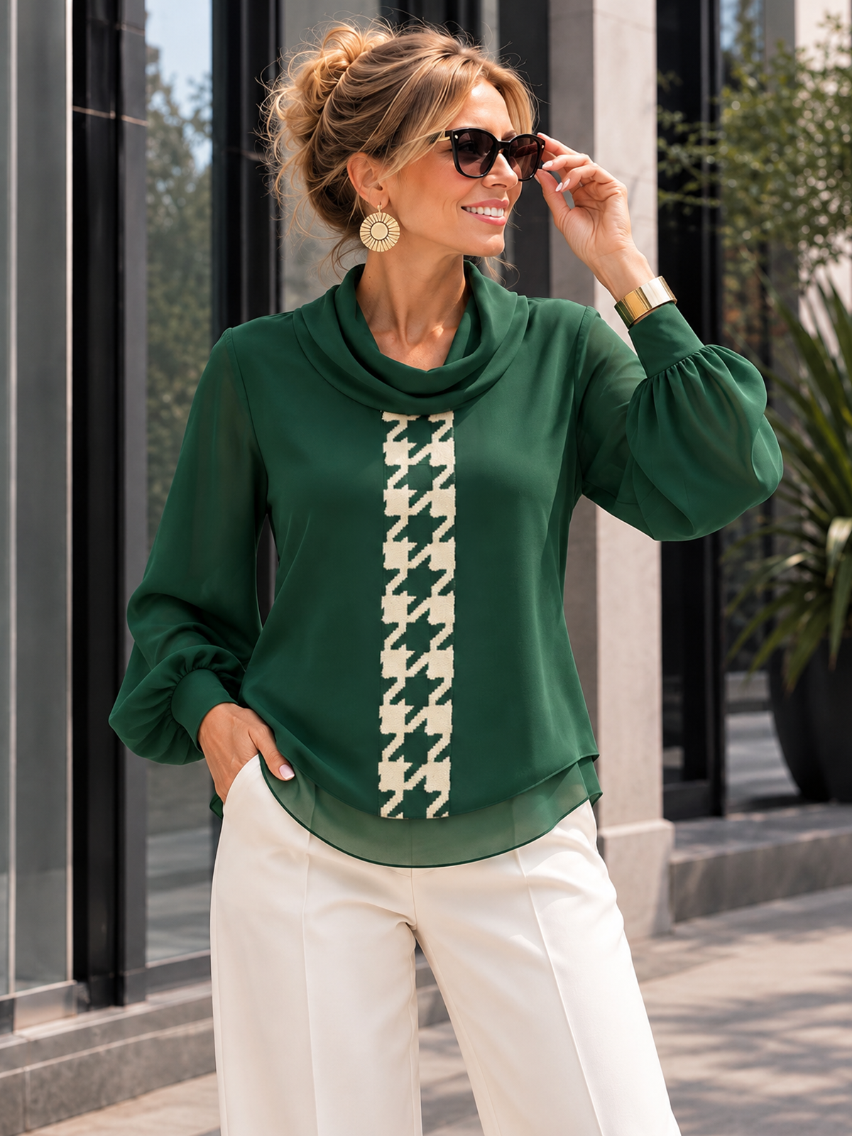 Split-Joint See-Through Houndstooth Contrast Color Puff Sleeves Long Sleeves Heaps Collar Blouses&shirts Tops