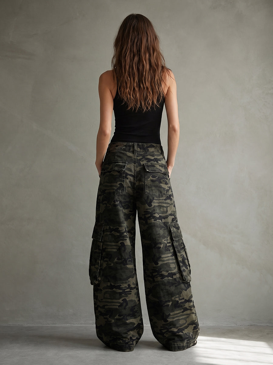 Zipper Pockets Camouflage Buttoned Wide Leg Loose Trousers Pants