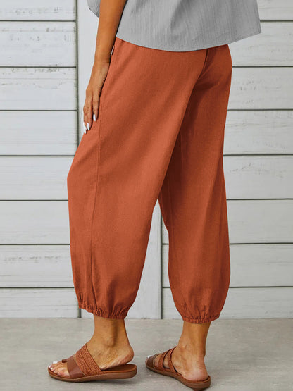 Solid Color Pockets Elasticity Drawstring Buttoned Plus Size High Waisted Trousers Ninth Pants