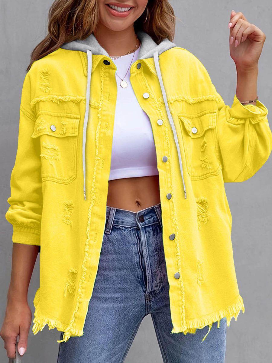 Split-Joint Pockets Fringed Buttoned Loose Long Sleeves Hooded Outerwear