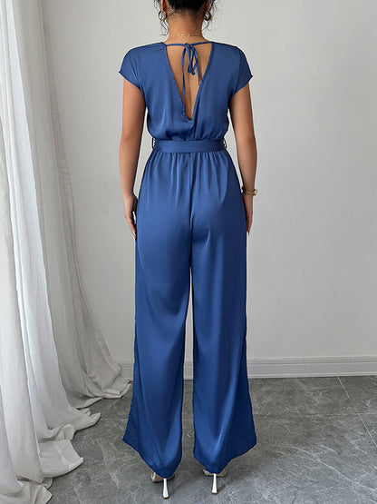 High Waisted Loose Backless Pleated Pockets Solid Color Tied Waist V-Neck Jumpsuits