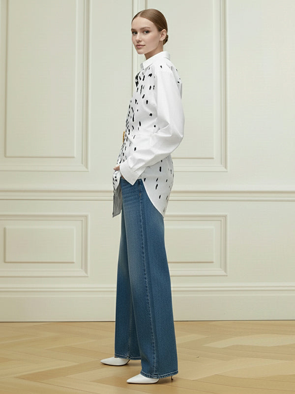 Long Sleeves Loose Brooch Elasticity Heart Shape Pleated Print Lapel Collar Blouses&Shirts Tops