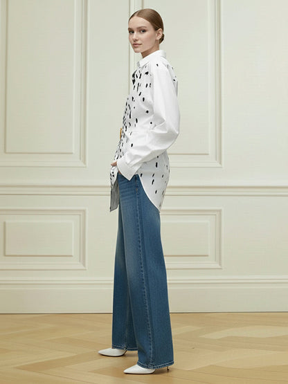 Long Sleeves Loose Brooch Elasticity Heart Shape Pleated Print Lapel Collar Blouses&Shirts Tops