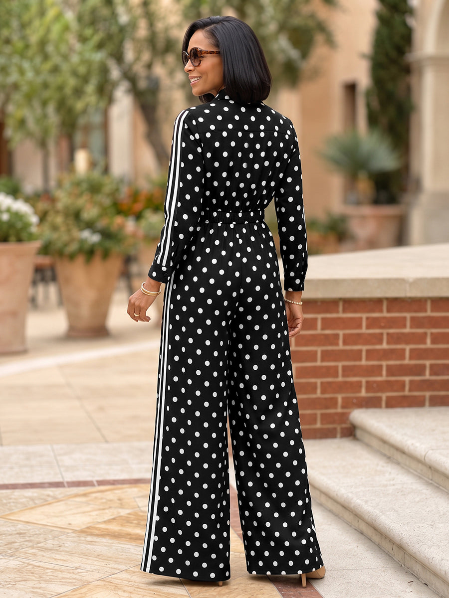 Striped Split-Joint Polka-Dot Pockets Contrast Color Buttoned Wide Leg Long Sleeves Lapel Jumpsuits