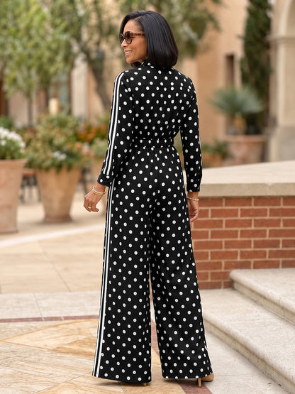 Striped Split-Joint Polka-Dot Pockets Contrast Color Buttoned Wide Leg Long Sleeves Lapel Jumpsuits