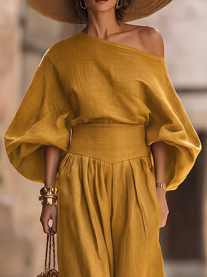 Solid Color Three-quarter Sleeves Puff Sleeves One-shoulder Blouses&shirts Tops