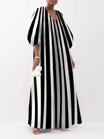 Puff Sleeves Three-Quarter Sleeves Striped V-Neck Maxi Dresses