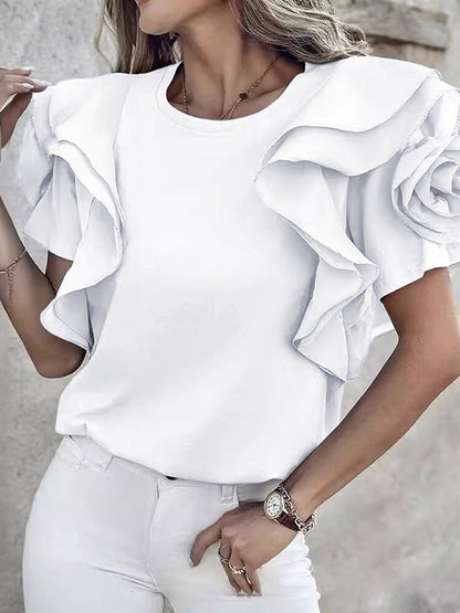 Loose Ruffle Sleeves Ruffled Solid Color Three-Dimensional Flower Round-Neck T-Shirts Tops
