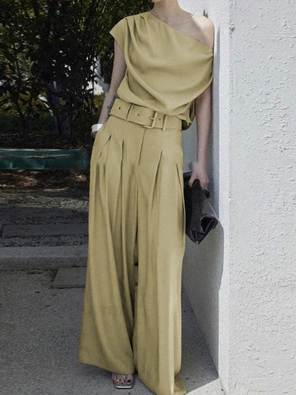 Loose Wide Leg Belted Pleated Solid Color Casual Pants Bottoms