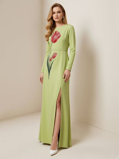 Long Sleeves Contrast Color Flower Print Split-Side Zipper Round-Neck Maxi Dresses