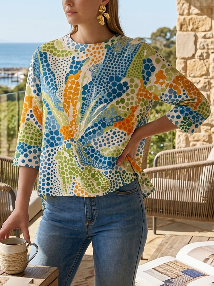 High-Low Loose Contrast Color Printed Round-Neck T-Shirts Tops