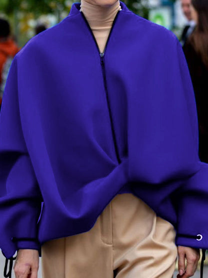 Loose Puff Sleeves Asymmetric Split-Joint Zipper Stand Collar Outerwear