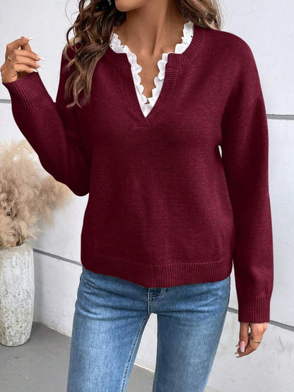 Split-Joint Ruffled Loose Long Sleeves V-neck Sweater Tops