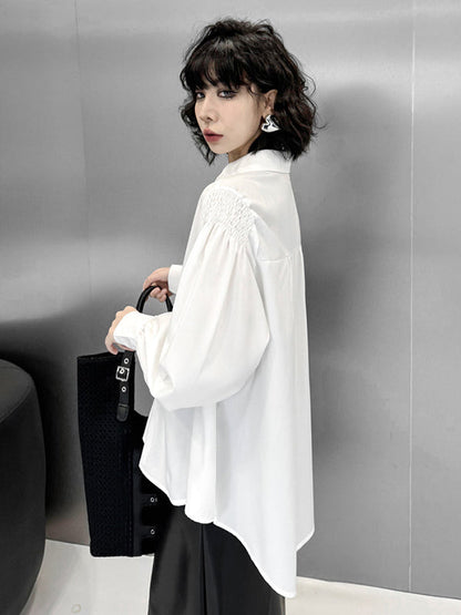 Long Sleeves Loose Buttoned Pleated Solid Color Polo Blouses&Shirts Tops