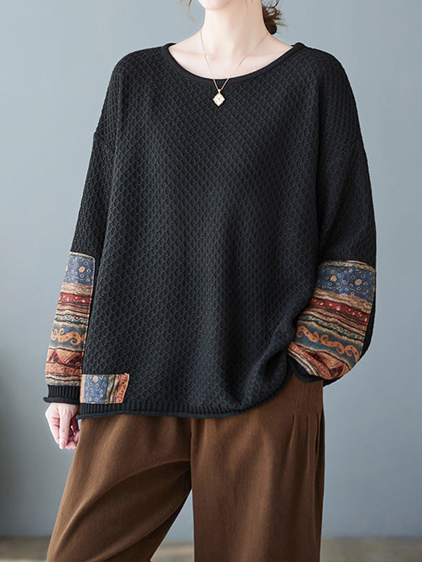 Long Sleeves Loose Printed Split-Joint Round-Neck Pullovers Sweater Tops