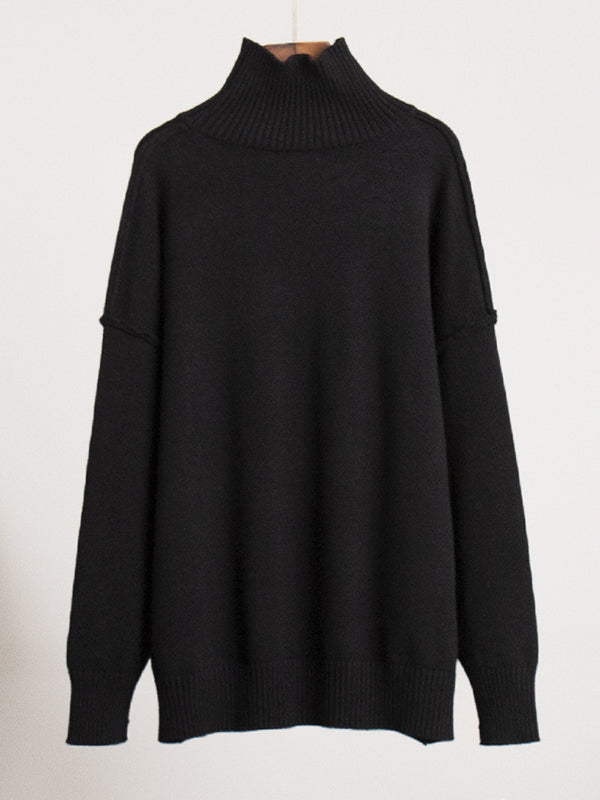 Long Sleeves Loose Solid Color Split-Joint High Neck Pullovers Sweater Tops
