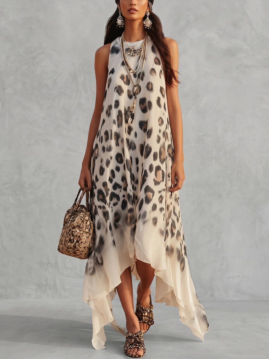 Loose Sleeveless Leopard Split-Joint Round-Neck Maxi Dresses