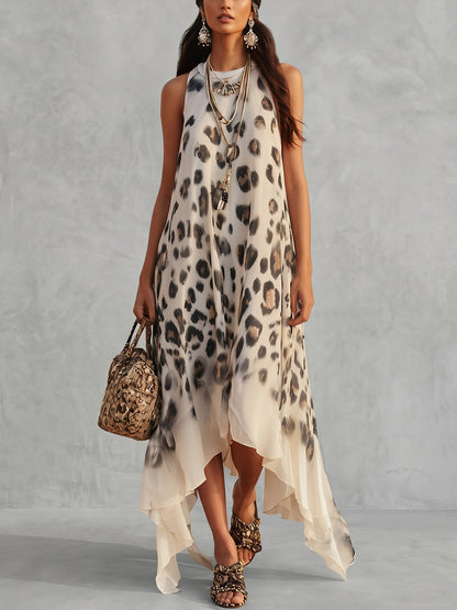 Loose Sleeveless Leopard Split-Joint Round-Neck Maxi Dresses